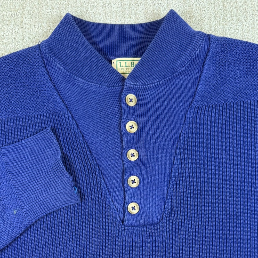 LL Bean Mens Large Long Blue Vintage Made in USA Ribbed Henley Sweater *Read